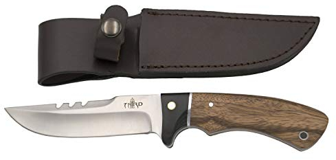 THIRD Coltello da caccia 13572ZW, con lama in acciaio 440 da 12,4 cm finitura satinata, manico in zebrano e legno nero. Include custodia in pelle