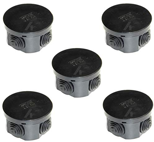 5 x Black Junction Box Round 65mm Cable Connector IP44 Splashproof with Rubber Grommets and Snap On Lid 65x35