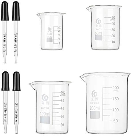 Hyber&Cara Bécher gradué en verre Borosilicate 25ml 50ml 100ml 200ml avec 4 pcs 1ml pipettes en verre pour laboratoire
