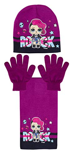 Mädchen LOL Surprise Puppen Wollmütze + Schal + Handschuhe Winterset Kinder Weihnachtsgeschenk Gr. 3-5 Jahre, Felsen – Violett.