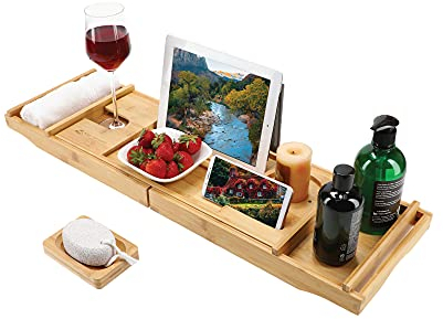 Bath Tray with Ipad Holder - Bath Rack with Adjustable and Expandable Feature – Bath Tub Caddy with Soap Holder & Pumice Stone – Bath & Bed Board for Books, Candle and Glass Laptop, Phone Holder