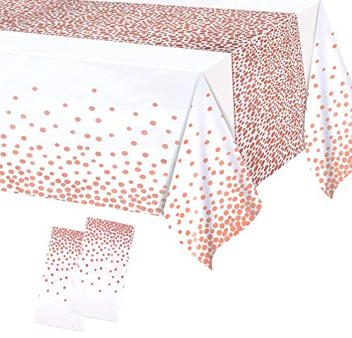 2Pc 137*274cm White and Rose Gold Disposable TableCloths Party Paper Plastic TableCloth,Large Thicken Dot Rectangular Waterproof Table Cover for Picnic,Halloween,Wedding,Christmas,Birthday Party Decor