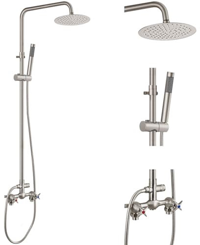 Aolemi Wandhalterung, gebürstetes Nickel, Outdoor-Duscharmaturen, mit Handbrause, 2 Kreuzgriffe mit verstellbarer Schiebestange, Dual-Funktion, Duscharmatur-Set