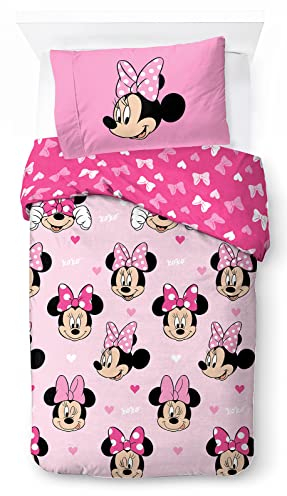 Jay Franco Disney Minnie Hearts & Love 100% Baumwolle Kinderbettwäsche-Set 135x200 cm Einzelbettgröße - Bettbezug + Kissenbezug 50x70 cm