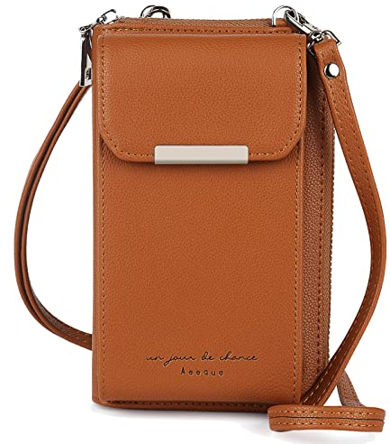 Aeeque Handytasche zum Umhängen Handlich, Handytasche mit Geldbörse zum Umhängen Damen,PU Leder Handy Umhängetasche Silber Reißverschluss, Geldbeutel mit Handyfach für Handy unter 6,5 Zoll - Braun