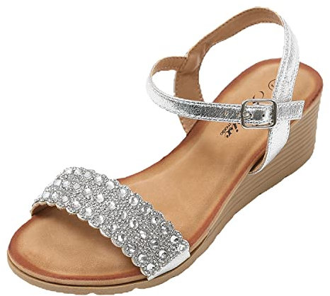 JOMIX Damen Sandalen Bohemian Strass Flach Sandaletten Sommer PU Leder Sandal Glitzer (Silber, 40 EU, SD8212)