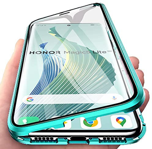 Orgsty per Honor Magic 5 Lite / X9a Cover, Custodia Adsorbimento Magnetico Protettiva, Fronte e Retro in Vetro Temperato Trasparente Cover Paraurti in Metallo 360 Gradi Cover, Verde