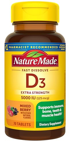 Nature Made Vitamin D3 5000 IU (125 mcg) Extra Strength, Vitamin D Supplement for Immune Support, 70 Sugar Free Fast Dissolve Tablets, 70 Day Supply