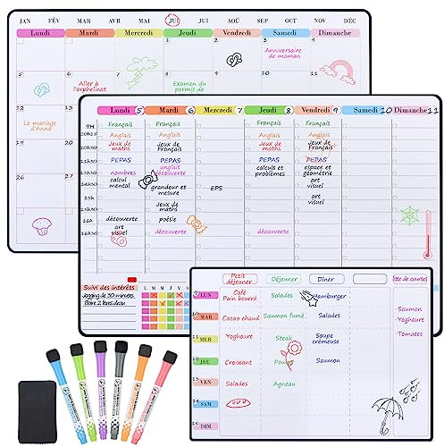 POPRUN Planning Semaine magnetique emploi du temps,Semainier Organisateur Frigo,Calendrier Tableau blanc Menu Planning,Planificateur Mensuel effaçable (Paquet de 3) -en Français