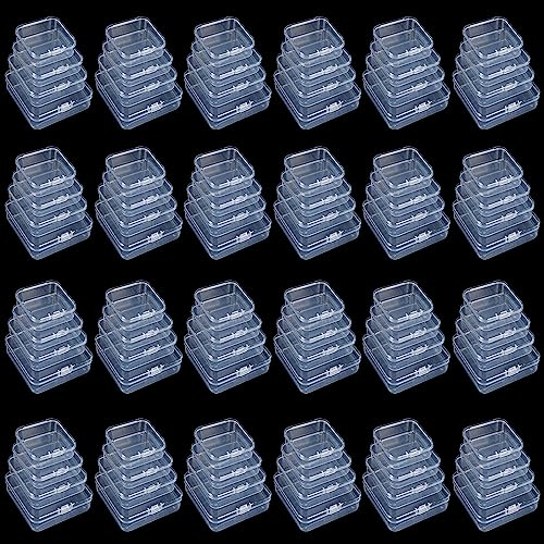 96 Stück quadratische leere Mini-Aufbewahrungsboxen aus transparentem Kunststoff mit Scharnierdeckel für kleine Gegenstände und andere Bastelprojekte (Gemischte Größen)