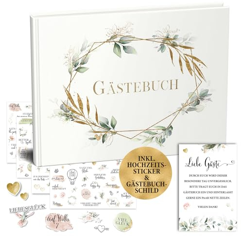 Gästebuch Hochzeit mit Sticker Hochzeit, A4 quer mit 80 blanko Seiten + 4 A4 Bögen Aufkleber Hochzeit, Hochzeit Gästebuch Vintage mit Sticker Liebe, Hochzeitsbuch + Sticker Gästebuch Eukalyptus weiss