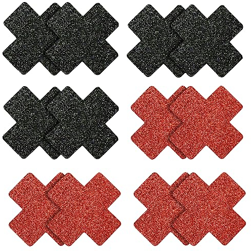 6 Paare Glitzer Nippelabdeckung Kreuzform, Cross Form Glitter Petal Pasties Selbstklebende unsichtbare dünne Brustwarzen Abdeckungen Aufkleber für Frauen Mädchen Damenbäckerei Kleid (Rot/Schwarz)