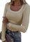 TrendiMax Womens Long Sleeve Tops Square Neck Knitted Shirts Fitted Basic Casual T Shirts Khaki