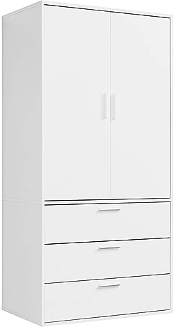 mokebo Kleiderschrank klein in Weiß 2-türig & 3 Schubladen 'Der Grenzenlose', modularer Schlafzimmerschrank, Garderobenschrank, Flurschrank, Drehtürenschrank o. Schrank aus Holz in 90x187x58 (BxHxT)