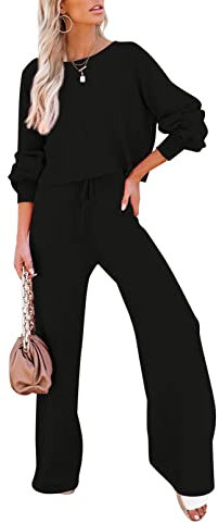 Sovoyontee Damen Langarm Kurz Top Sweatsuit Trainingsanzug Strick Pullover Loungewear Weitem Hose 2-Teiliges Set Schwarz M