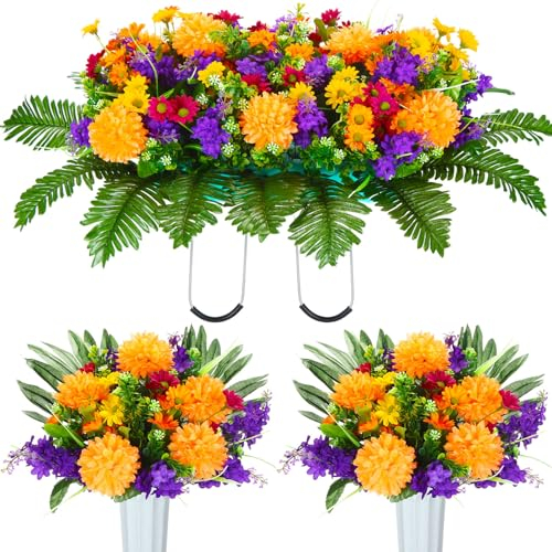 Tigeen 3 Stück Friedhof Künstliche Gänseblümchen Veilchen Blumen für Grab Beerdigung Grabstein Sattel Blumen Lila Violett Orange Wildblumen Blumensträuße mit Vase Gedenkblumen Outdoor Grabdekoration