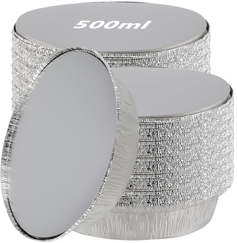 LEXININ Paquete de 100 sartenes de papel de aluminio de 6 pulgadas, bandejas redondas de aluminio de 500 ml con tapas de papel, fundas para flan de papel de aluminio para hornear, cocinar y asar (15,9