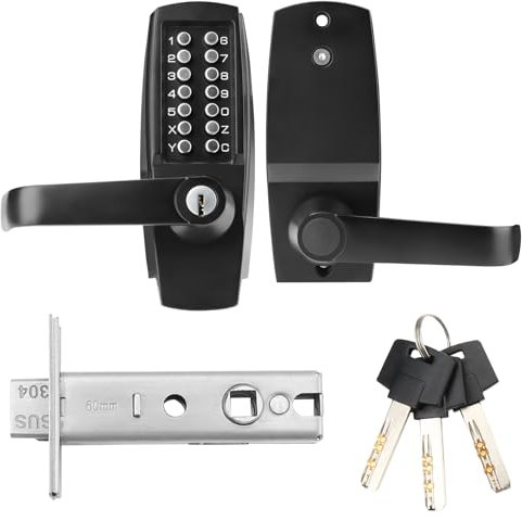ANNFUZ Mechanical Entry Keypad Door Handle Lock with Key,Auto-Locking Push Button Code Door Knob Lock,Single Sided Combination & Interior Hold-open Lever,for Front Gate,Garage,Office,Matte Black