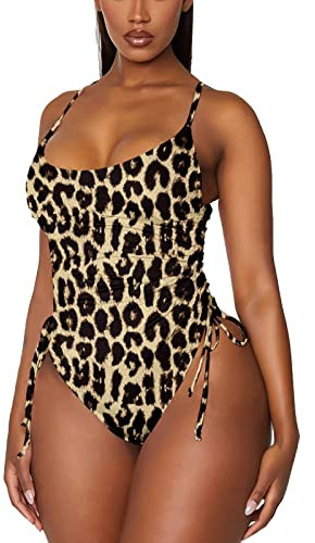 Maillot De Bain 1 Piece Femme Gainant Ventre Plat Cordon de Serrage Chic Pas Cher Rembourré Monokini Femme Grande Taille Imprimé Léopard Plage Océan Sport Natation Piscine (XL, Léopard)