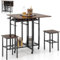 TANGZON 3 Piece Dining Table Set, Folding Drop Leaf Dining Table and 2 Stools with Wine Rack, Shelves & 5 Wheels, Rolling Space Saving Home Kitchen Pub Breakfast Bar Table Sets (Rustic Brown + Black)