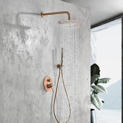 IMEX - Ducha Empotrada Monomando Oro Rosa | Kit de Grifería Empotrado con Alcachofa y Rociador Antical Efecto Lluvia | Columna Ducha Empotrada con Grifo en Latón y Acero Inox S.304 | Serie Monza