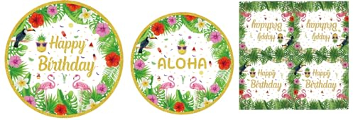 Lot de 120 décorations de fête tropicales Luau hawaïennes, fournitures de fête d'anniversaire Aloha Party Decor Luau Ensemble de vaisselle d'été – Assiettes de fête tropicales, serviettes à thème