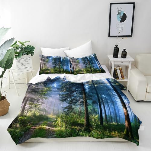 ANHOPE Misty Wald Dschungel Baum Bettwäsche Set 3 Teilig Bettbezug 155x220 cm + 2 Kissenbezug 80x80 cm Weich Microfaser Bettbezüge Set mit Reißverschluss Ganzjahres Bettdeckenbezug Set