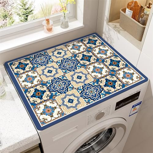 Odot Bohemia Cubierta para Lavadora, Protector Superior Lavadora y Secadora, Alfombra para Lavadora, Antideslizante, para Lavadora Microondas Refrigerador Universal (60x60cm,Geometría Azul)
