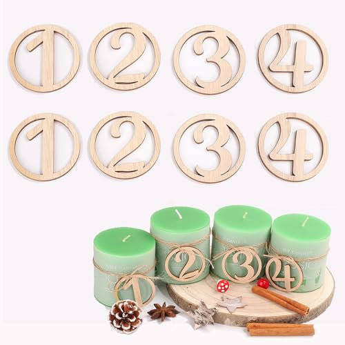 HERZONE 2sets Adventszahlen 1-4 Adventskranz Zahlen Holz 1 2 3 4 für Kerzen Kerzenhalter Holz Anhänger Deko Kerzenstecker Weihnachten Kerzen Dekoration Adventsdeko (vintage rund 1-4)