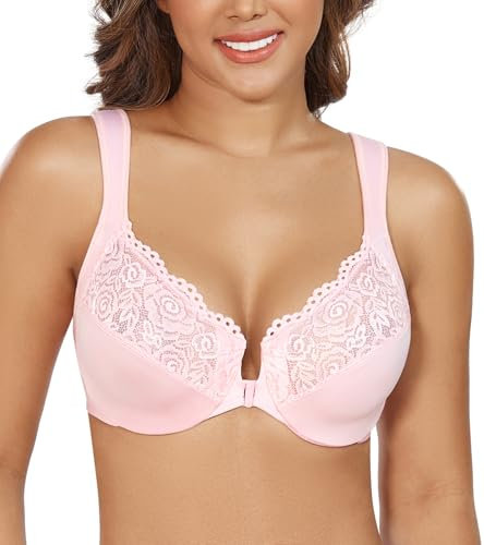 DotVol Women's Front Closure Wide Strap Underwire Bra Lace Plus Size U-Back Unlined Everyday Bra(Pink,38C)