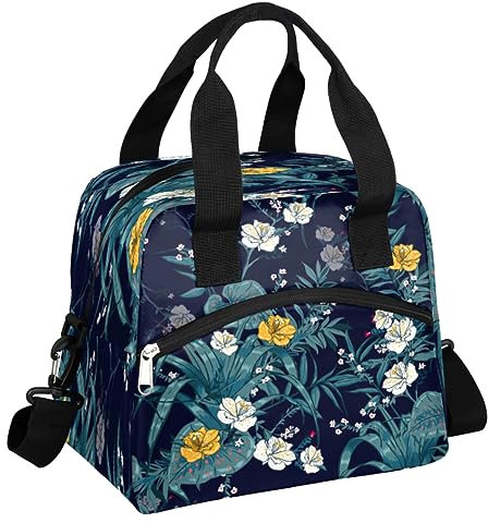 GeMeFv Bolsa de almuerzo con aislamiento de hojas de flores vintage para mujeres y hombres, (vintage), lonchera reutilizable para el trabajo, picnic, playa, bolsa térmica a prueba de fugas con correa