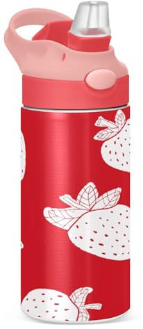 Sevdomey Bouteille d'eau rouge fraises pour enfants filles et garçons, bouteille d'eau isotherme anti-fuite en acier inoxydable de 350 ml avec paille pour école, crèche, voyage, sport