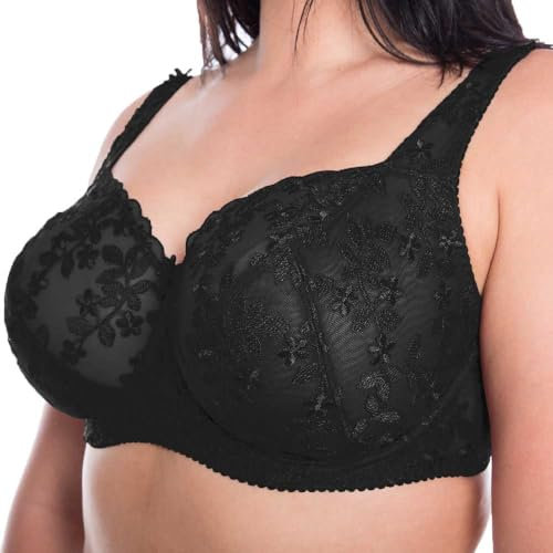 Gemm Ladies Black Embroidered Large Bosom Lace Underwired Firm Bra Plus Size Cup (42J, Black)