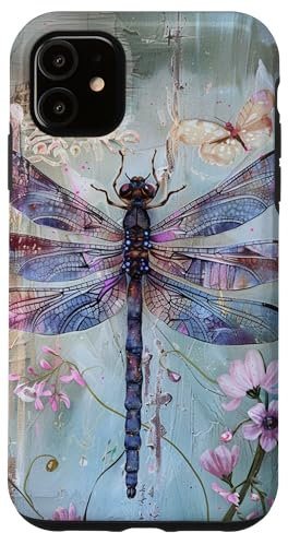 Hülle für iPhone 11 Libelle mit lila Flügeln und rosa Blumen