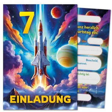 JuNa-Experten 12 Einladungskarten zum 7. Kindergeburtstag Jungen Jungs Mädchen Rakete coole bunte Einladungen siebte Geburtstag Kinder Jungsgeburtstag Space Kinderparty Geburtstagseinladungen