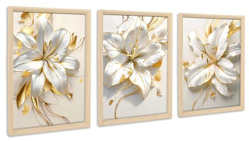 3Pcs Cadre en bois Impression sur Toile Fleurs de Lys Blanc Doré Tableau Peinture Étamines Dorées Fleurs Tableau Decoration Murale Salon Chambre Maison 90x40cm(12x16x3pcs) (Pas de plexiglas)