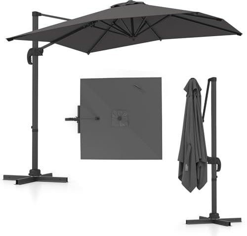 COSTWAY 2.5M Cantilever Garden Parasol, Square Offset Banana Umbrella with 5 Adjustable Tilt, 360° Rotation, Crank Handle & Cross Base, 8-Rib Outdoor Hanging Sun Shade Canopy for Patio Market (Grey)