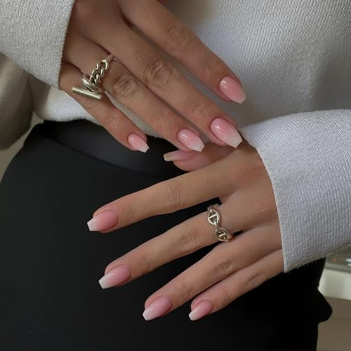 KQueenest Ombre White Pink Press on Nails Short Medium Coffin, French Tip False Nails Short Ballerina, Glossy Natural Fake Nails Set, Reusable Gel Stick on Nail for Women Finger Daily Wear 24 Pcs
