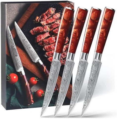 AOOSY Steak Knives Set of 4, Ultra Sharp 4.8 Inch Non Serrated Steak Knife Set, High Carbon Steel Kitchen Steak Knives with Ergonomic Handle