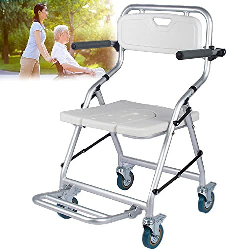Chaise de douche avec roulettes, siège de bain pour personnes âgées et handicapées, charge de 120 kg, design antidérapant, avec pédale et plaque de siège découpée, pour personnes âgées
