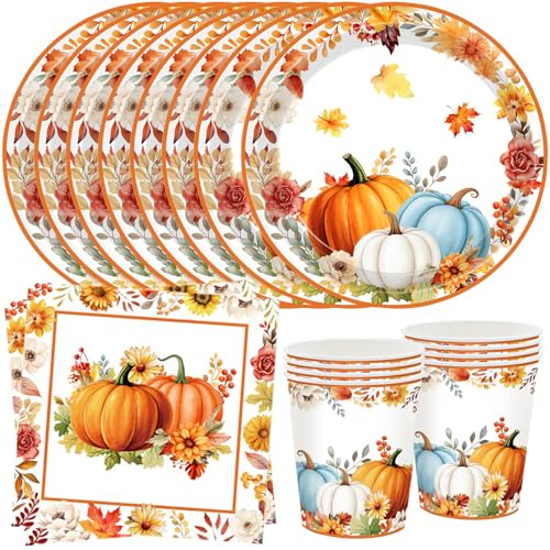JAHEMU Zucca Stoviglie per Feste Decorazioni Autunno Ringraziamento Stoviglie Zucca Autunnali Bicchieri Piatti Carta Tovaglioli Forniture per Feste di Halloween Autunnale 16 Ospiti