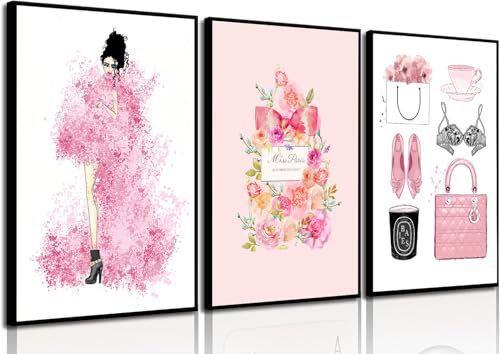 4Good Pink Bag Wandbild 3er Set – Lady im Couture-Outfit & glamouröse Accessoires Poster – Elegante Wanddekoration für Wohnzimmer, Schlafzimmer & Ankleidezimmer – A3 ohne Rahmen