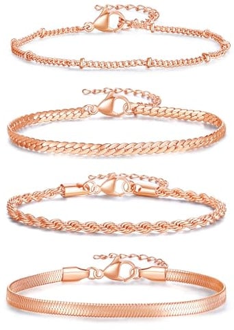 XIANNVXI 4 pièces 925 Argent/14k Doré/Rose Doré Bracelet Fantaisie Femme Bracelet Bijoux Femme Or Bracelets Acier Inoxydable Femmes RéGlable 19cm Bijoux Cadeau Saint Valentin Femmes
