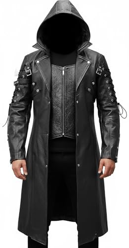 Creonetix Hub Men Goth Black Leather Trench Coat – Steampunk Gothic Van Helsing Costume Long Jacket for Men (black-Medium)