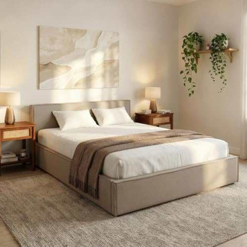 IDIMEX Polsterbett Pesaro 160x200 cm, Greige– modernes Doppelbett mit Lattenrost, Stoffbezug aus 100% Polyester in Leinen Optik, mit Kopfteil für Schalfzimmer