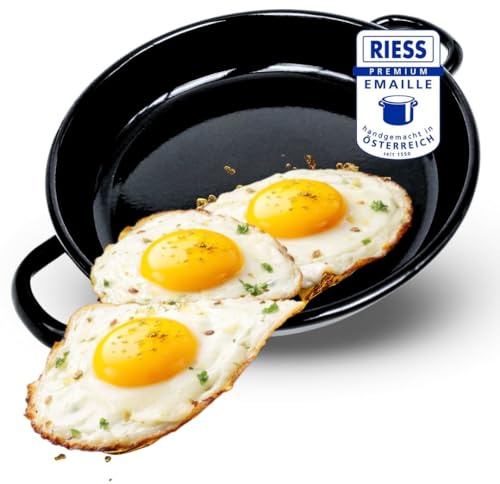Riess Eierpfanne 22 cm Emaille – Servierpfanne -Omlettpfanne – ideal für Induktion- Eier-Pfanne kratzfest & hitzebeständig – kleine Bratpfanne für Omlette Spiegelei schwarz Made in Österreich