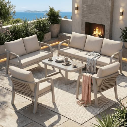 Merax Gartenlounge Set 7 Personen, Outdoor Lounge mit 3-Sitzer, 2-Sitzer Sofa, 2 Sesseln, Couchtisch, Gartenmöbel Set mit Glasplatte, geflochtene Arm- & Rückenlehnen, verzinkter Eisenrahmen, Beige