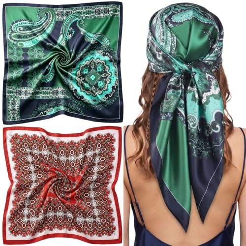 HIVTE 2er Set Große Kopftücher Für Damen, Satin 90x90 CM, Bandana Sommer | Große Satin-Schals Für Haare Und Hals. Vielseitiger Haarschmuck Für Sommer, Alltag Und Festival-Outfits. Weich Und Angenehm