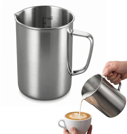 Stainless Steel Measuring Jug, 1000ml Milk Frother Cup, Handle Pour Lip | 304 stainless steel, Clear Marking Large Metal Measuring Cup, Suitable for Wax Melting Latte Art Milk Baking (14.5×10cm)