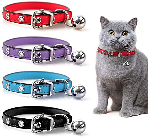 Luniquz Leather Cat Collars with Bell Polished Durable Metal Buckle Soft and Adjustable for Girls Kitty, Puppy, Small Dogs Fit 8.6-10.2 /Blue